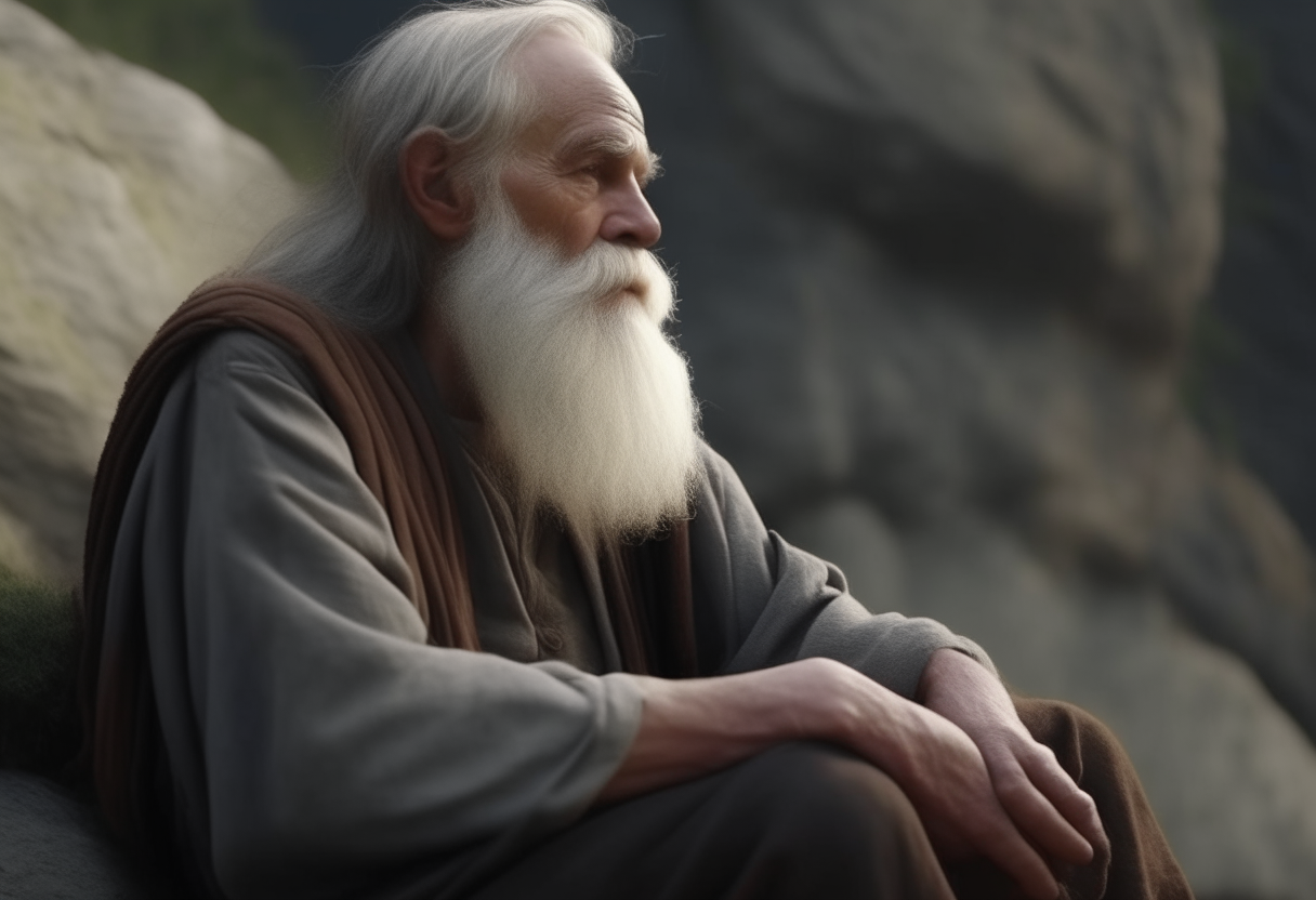 a wise old man with a white beard sitting on a rock, looking on with compassion   4k cinematique ultra realist