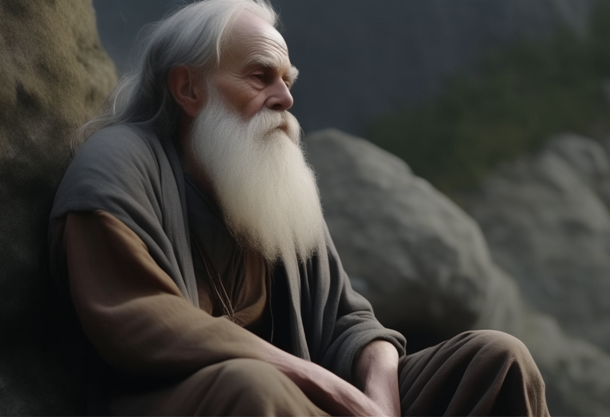 a wise old man with a white beard sitting on a rock, looking on with compassion   4k cinematique ultra realist