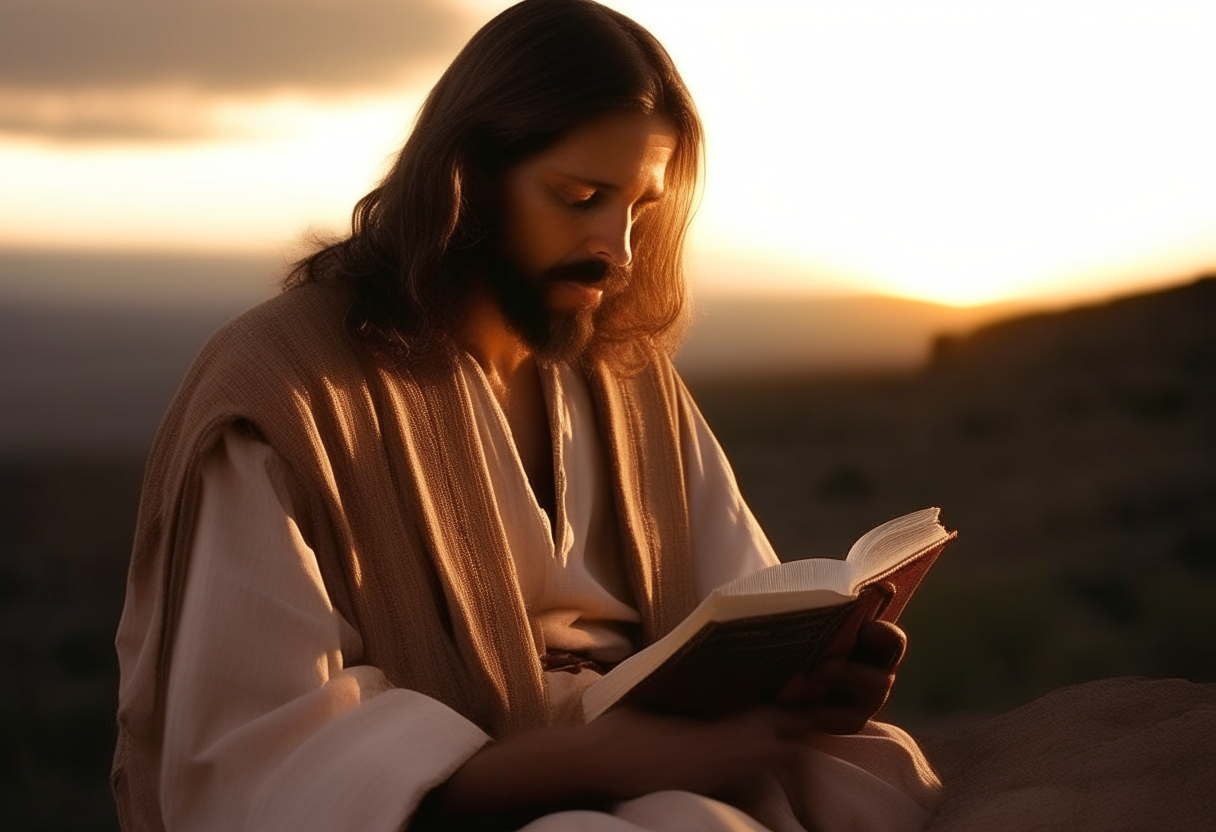 Jesús en un atardecer leyendo la Biblia 