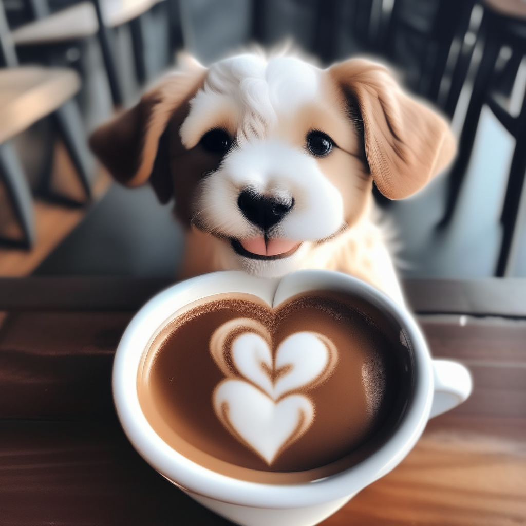 a happy puppy drinking a latte with heart-shaped foam art