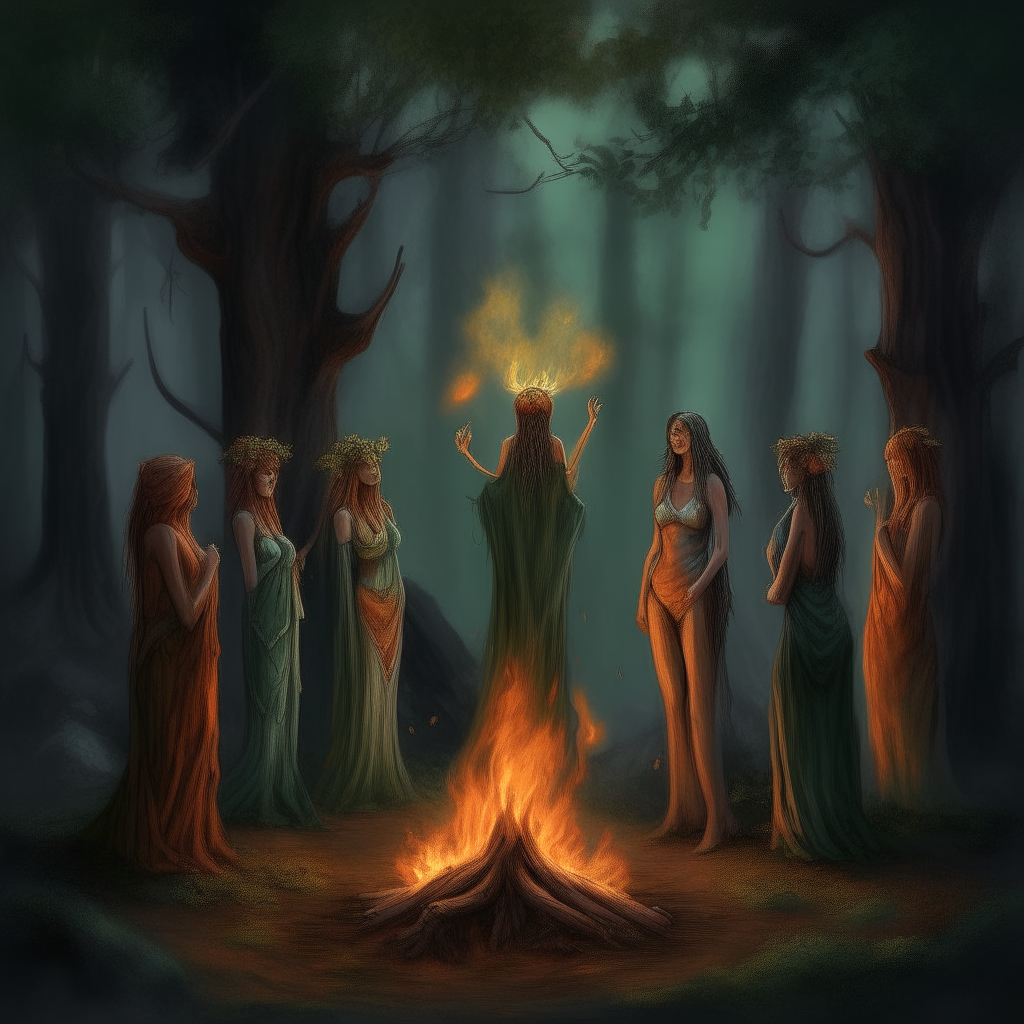 dryads standing around bonfire