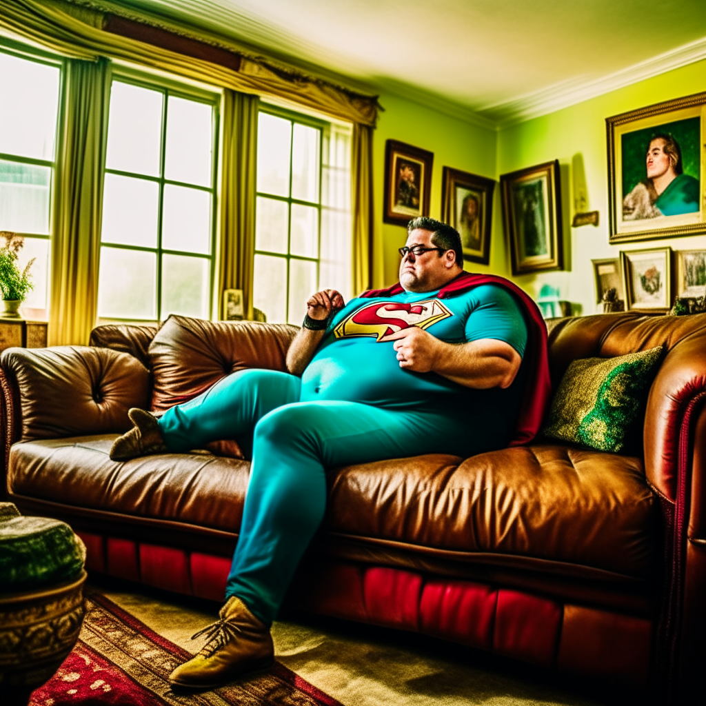  a realistic shot of fat superman in real life, sitting on a couch in his house

