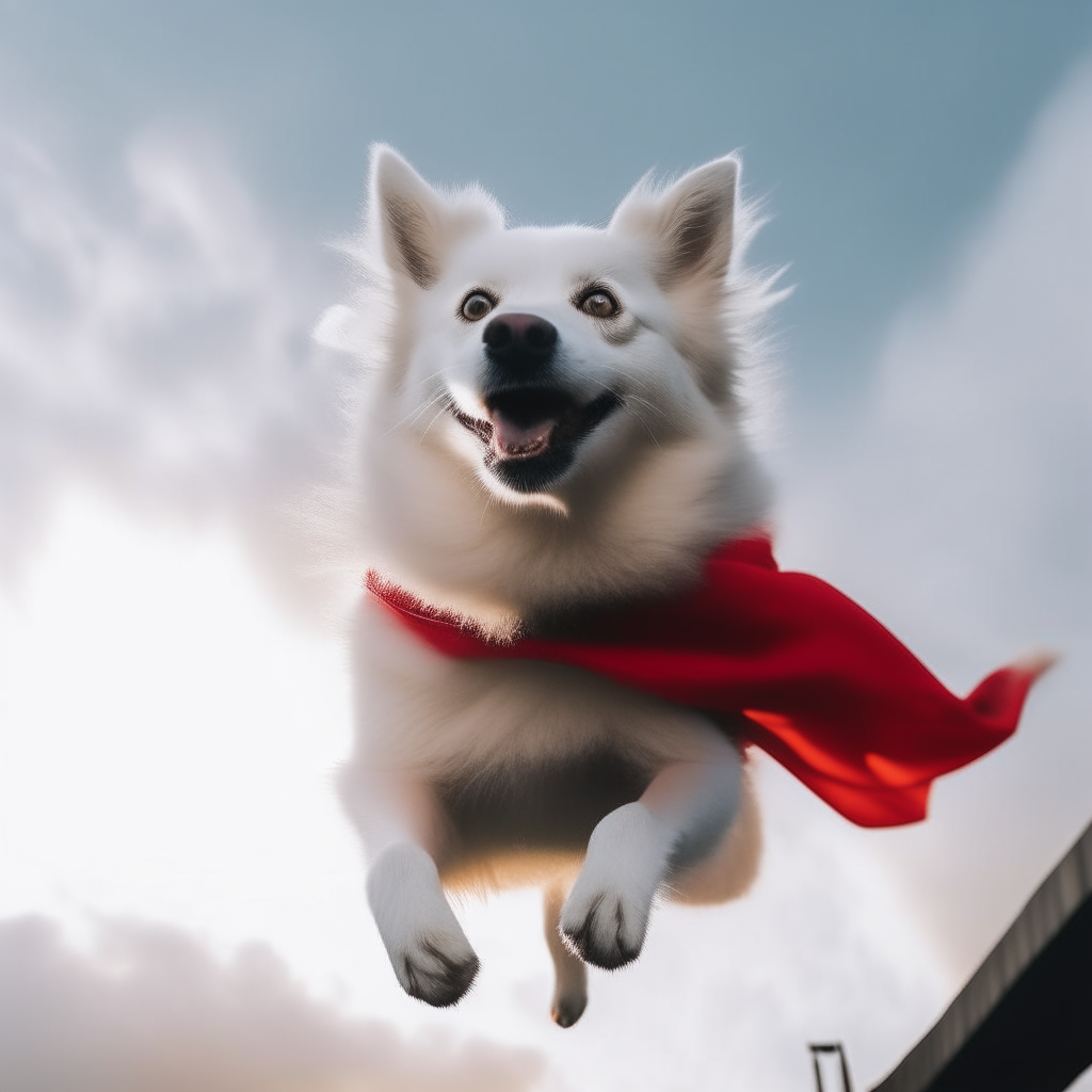 In a certain small town, a flying dog appeared. This dog had a white fluffy coat and a bright red cape wrapped around its neck. When people saw him, they could hardly believe their eyes, but he was really flying through the sky. portait, pexels contest winner, Figuration Libre