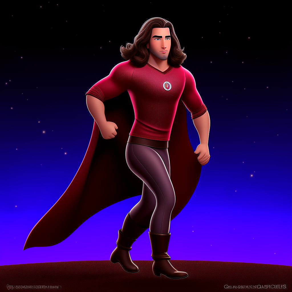 Pixar Animation - Jordan Kent with long, wavy, brunette hair, broad shoulders and massive arms, extremely muscular, wearing a maroon t-shirt, black pants, red boots, knee-length cape, outer space in the background, 8k ultra-HD, Hyper Realistic, Photorealistic, realistic, Cinematic lighting, focused, clear, extremely detailed, beautiful, proportionate, vibrant colors, in the art style of Boris Vallejo. trending on shutterstock, intricate details, painting, cinematic lighting