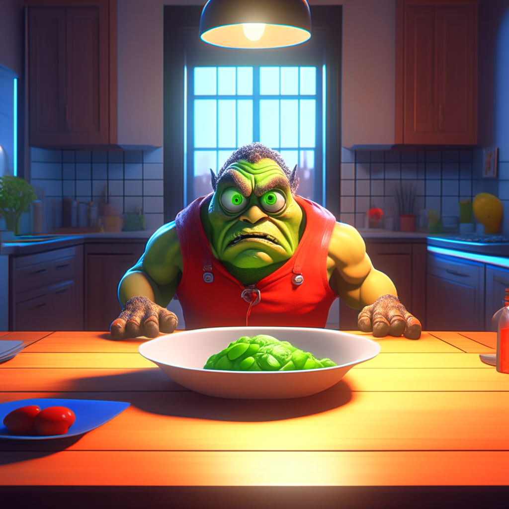 pltn style, supervillain, huge and muscular, gloomy and scary, in a cute apron, in the kitchen, washing dishes, cute big circular reflective eyes, Pixar render, unreal engine cinematic smooth, intricate detail. hearthstone card game artwork, hdri, pexels