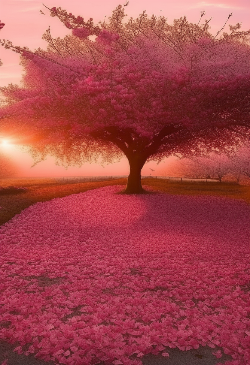 A cherry flower tree full of pink flowers and pink leaves on the floor on a sunset