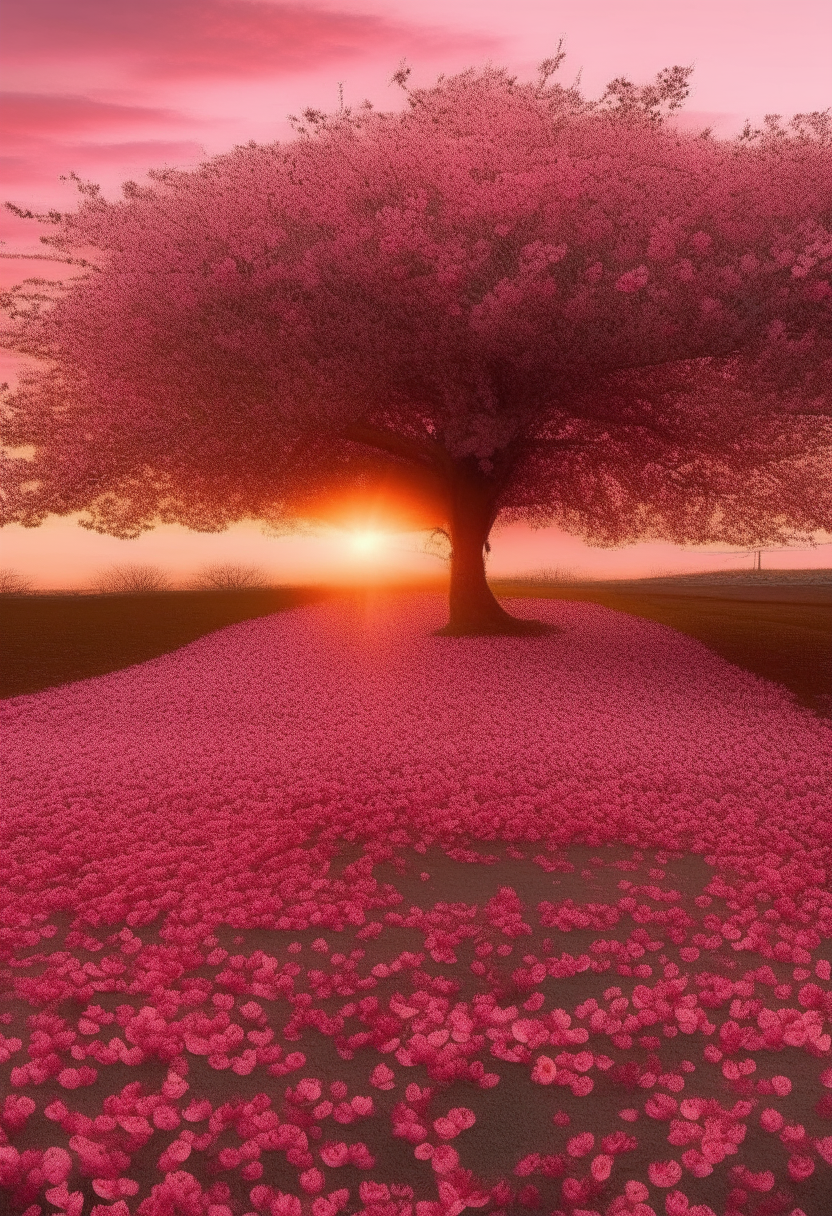 A cherry flower tree full of pink flowers and pink leaves on the floor on a sunset