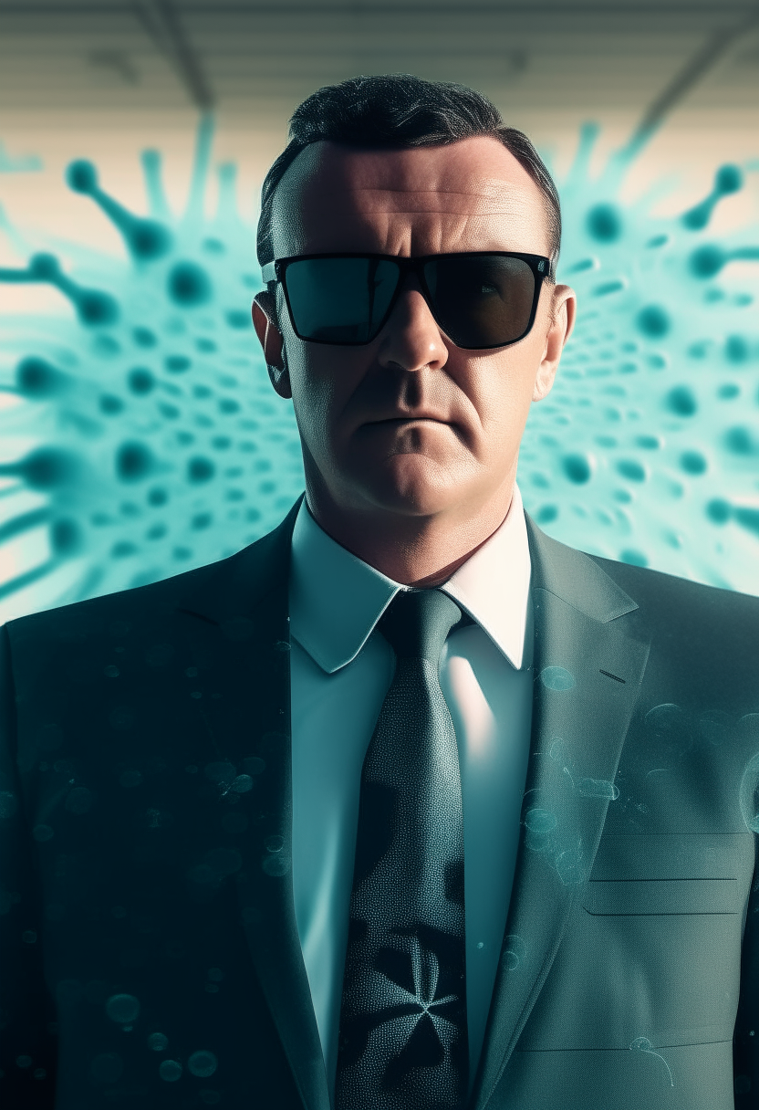 A man wearing a suit, tie, and sunglasses, he is a CIA agent. Coronavirus cells floating in the background.