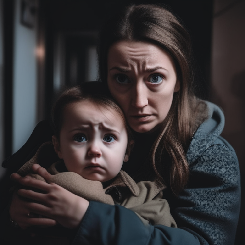 CIA AGENT SCARED HOLDING HER DAUGHTER FACING CAMERA