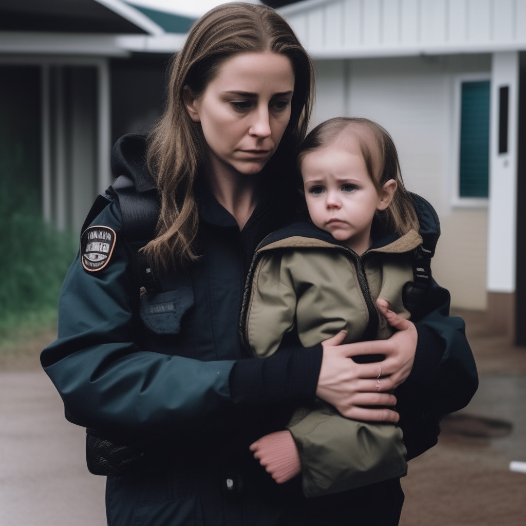 CIA AGENT SCARED HOLDING HER DAUGHTER FACING CAMERA WITH FBI JACKET HOLDING HER DAUGHTER