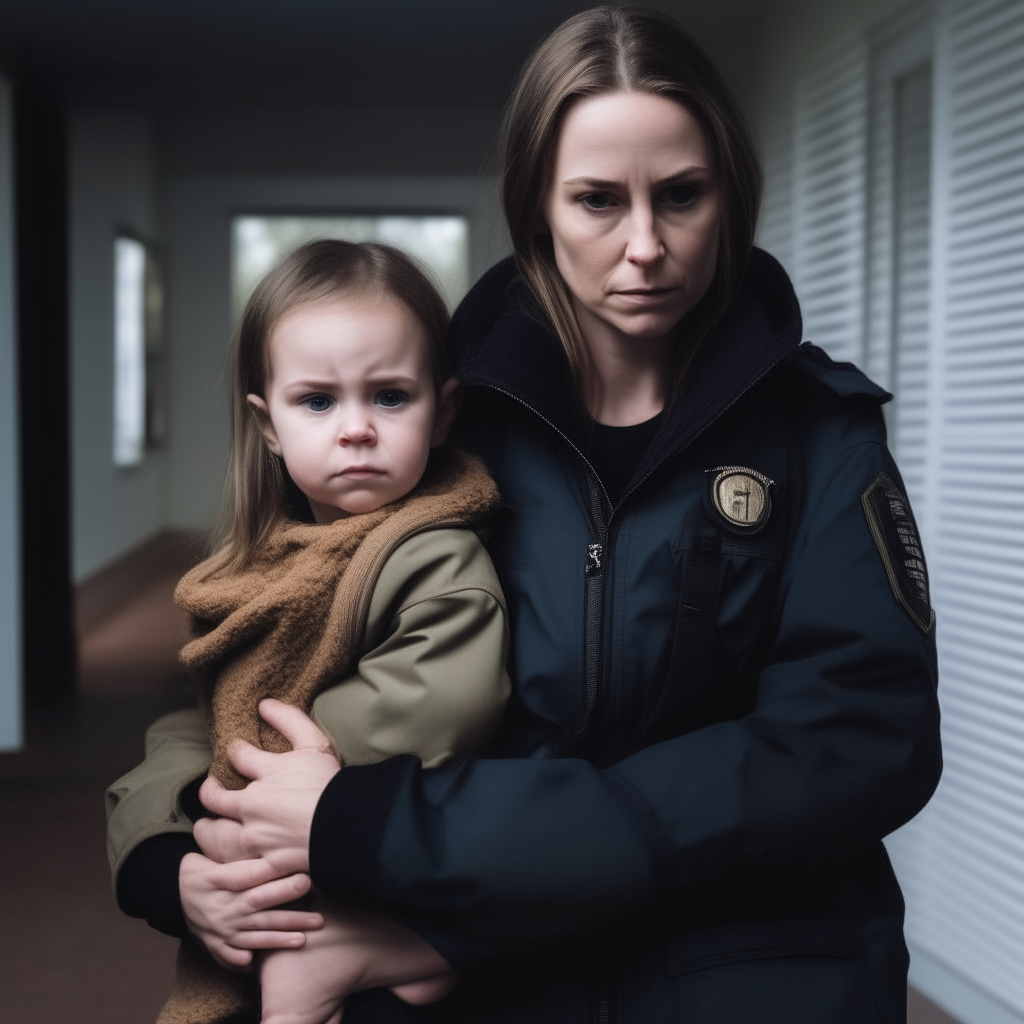 CIA AGENT SCARED HOLDING HER DAUGHTER FACING CAMERA WITH FBI JACKET HOLDING HER DAUGHTER LOOKING AT CAMERA