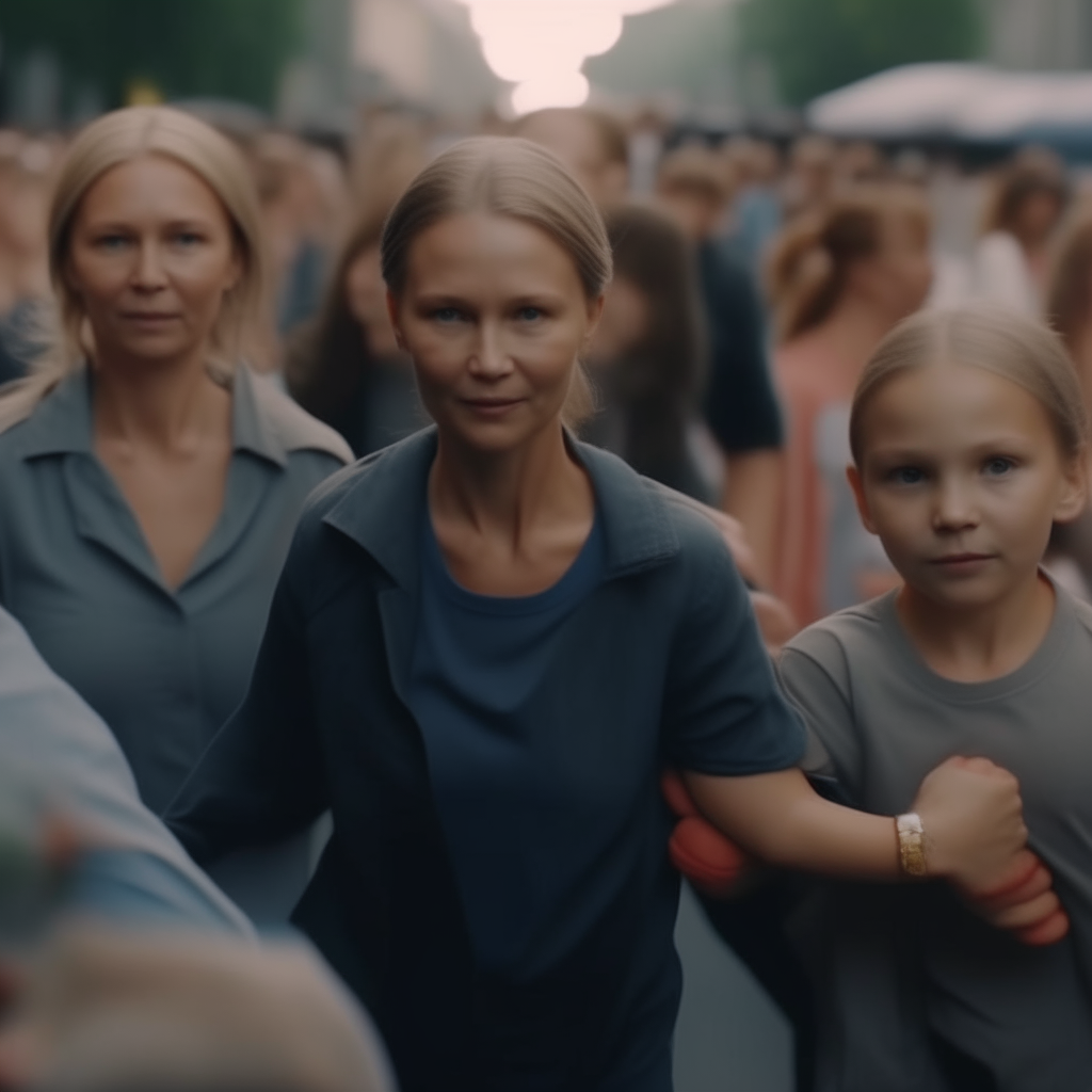 40 YEAROLD CIA MOTHER HOLDING HER DAUGHTERS HAND RUNNING THROUGH CROWD FACING CAMERA 4K