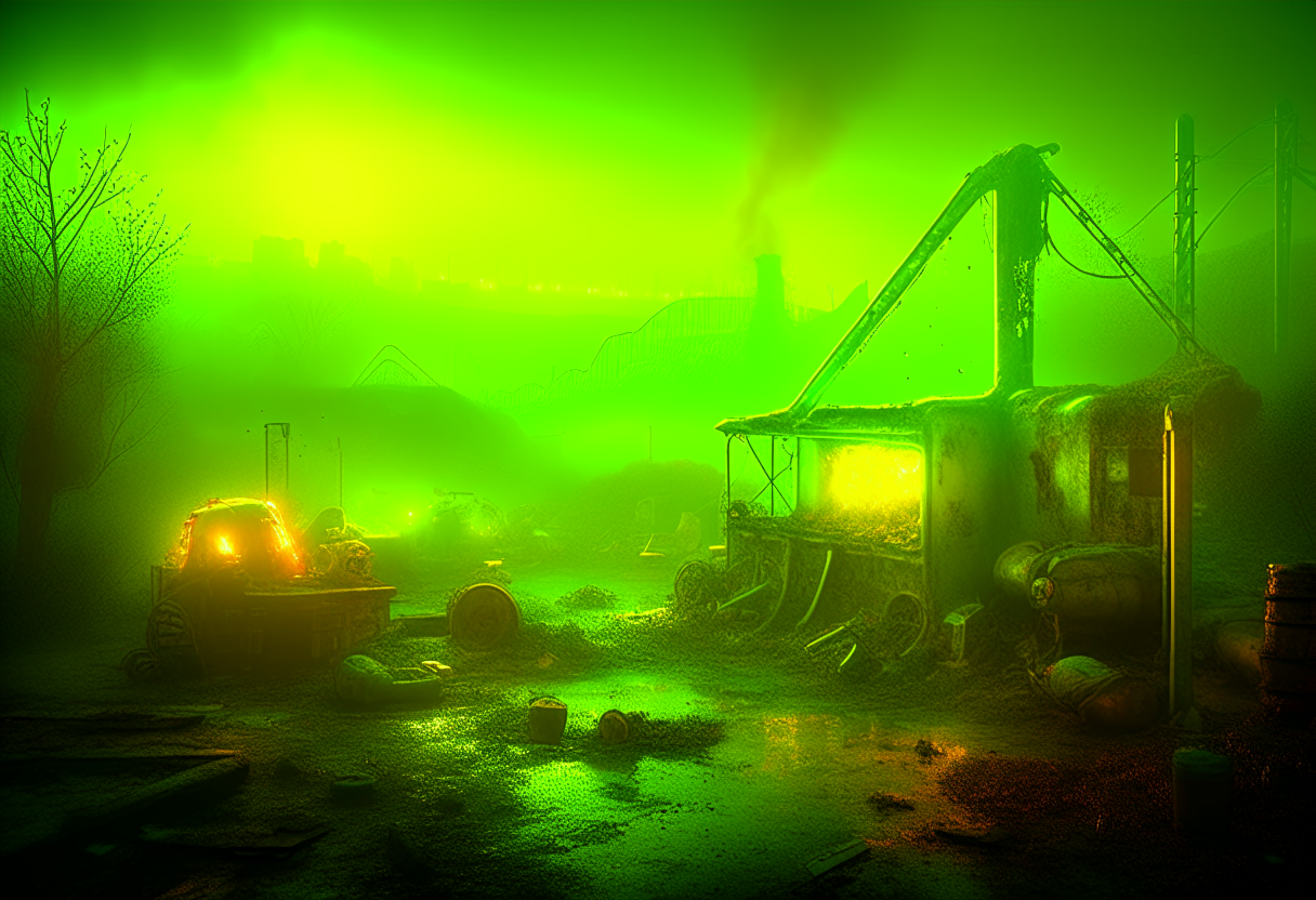 radioactive wasteland los santos, spilled green - yellow toxic waste emits vibrant light, foggy atmosphere, by rembrandt and wlop, intricate, detailed, photorealistic imagery, artstation4 copy