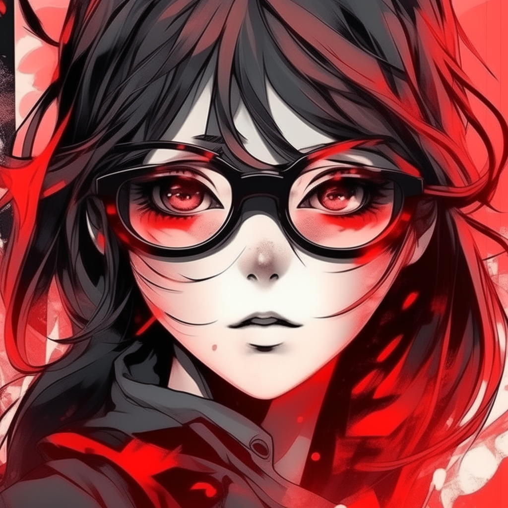 Create me Crazy woman anime, with black glasses, red colour 