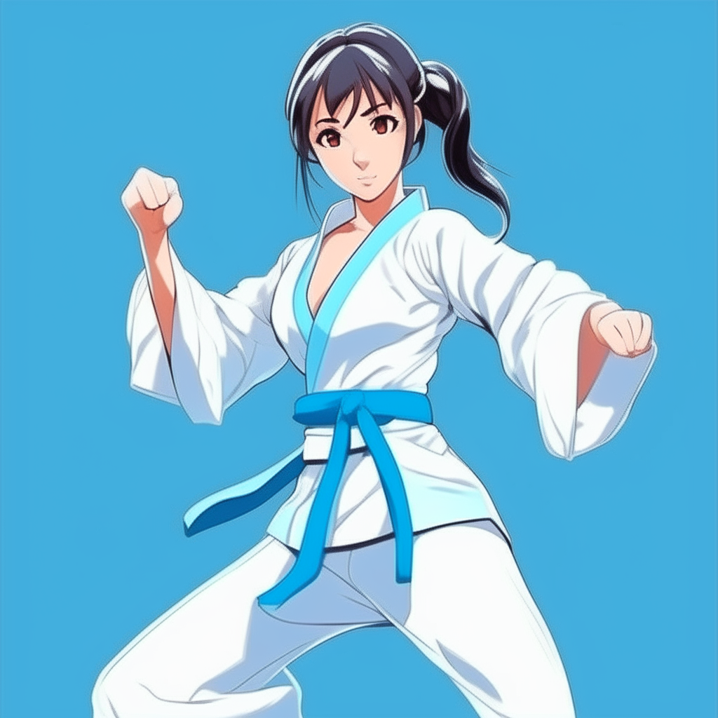 Create me  pretty karate woman anime, with light blue colour 