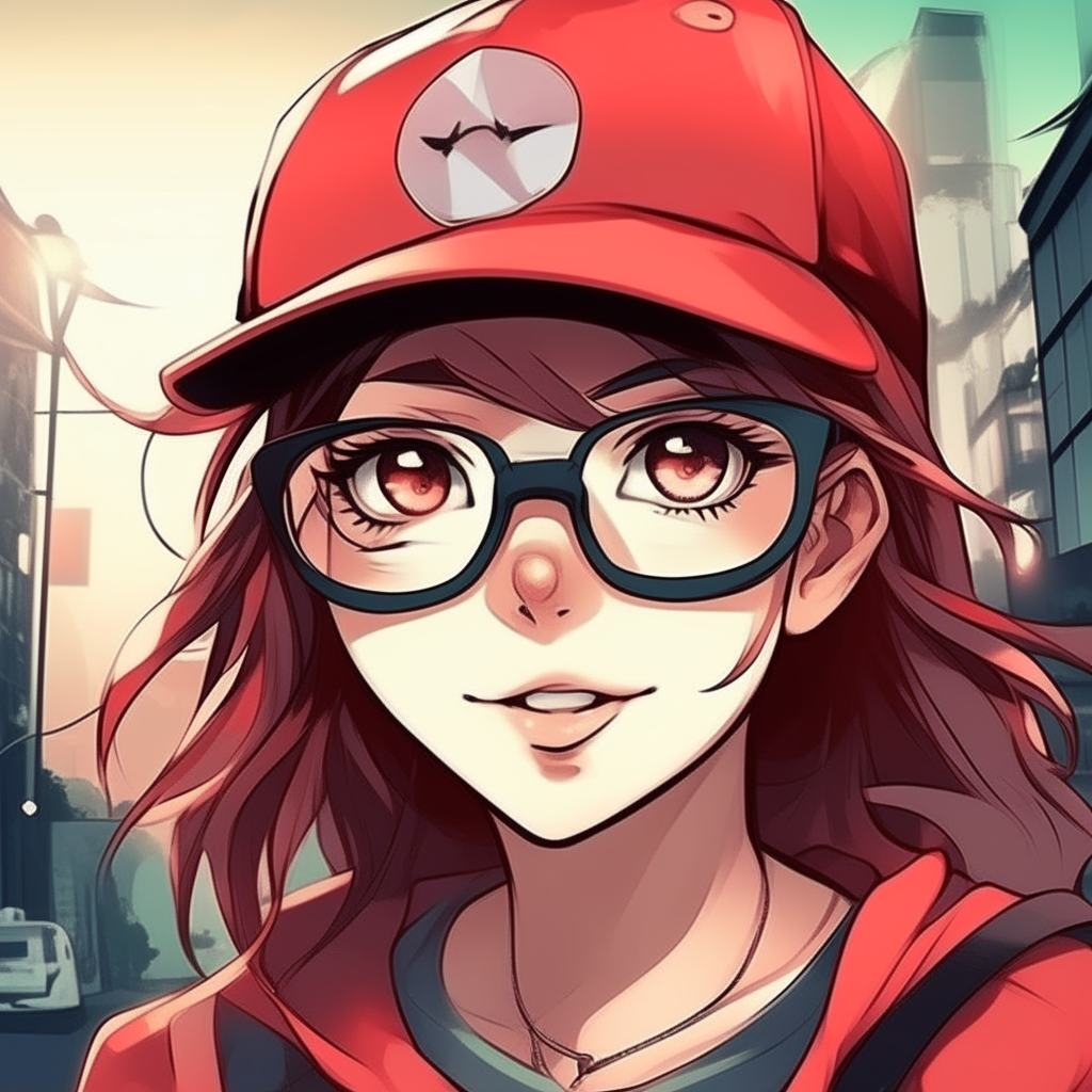 Create me crazy woman anime, with red cap, and black glasses, in the street 