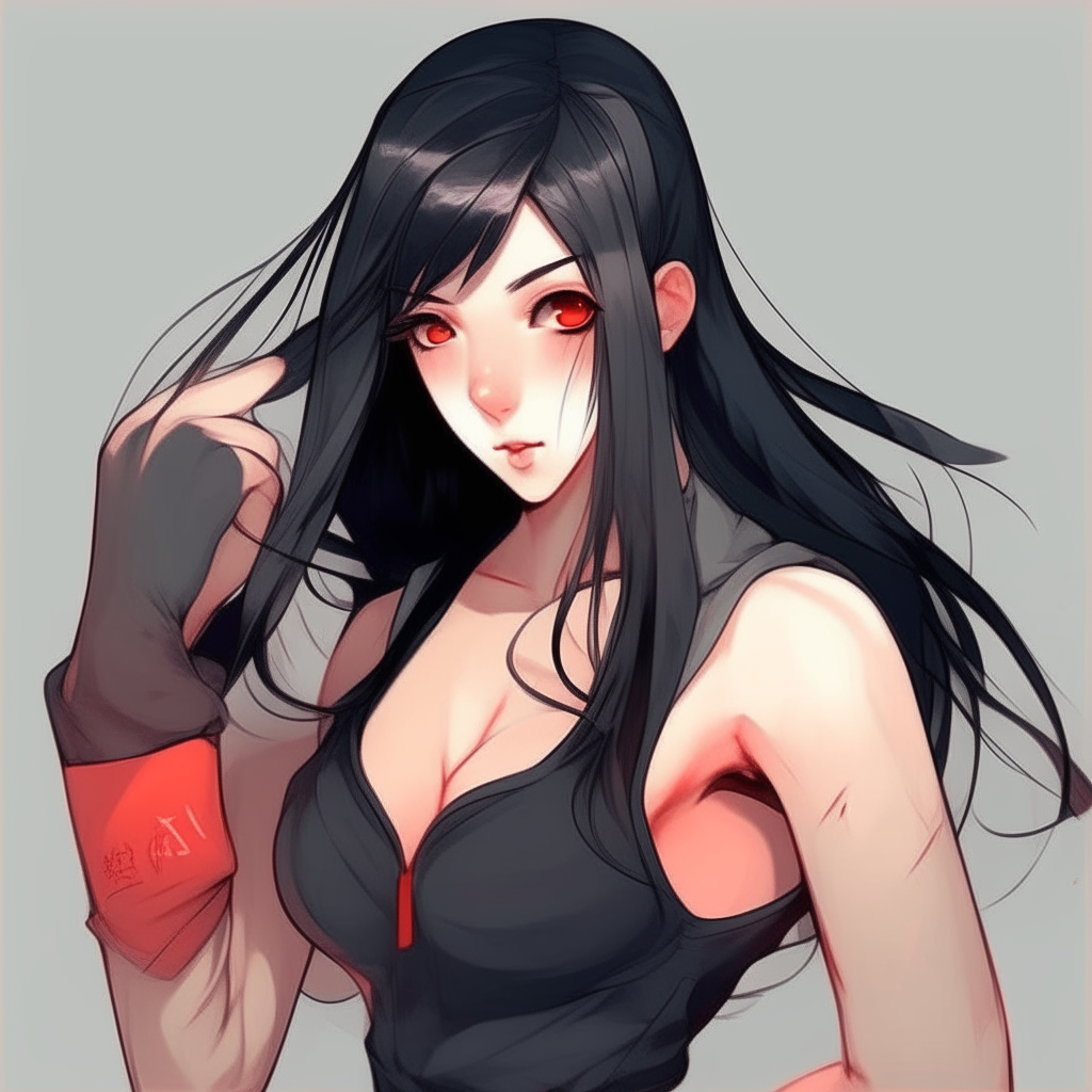 Create me pretty anime woman, boxer, with long black hair, with different colours 