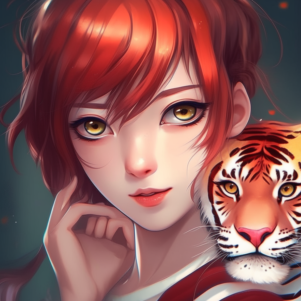 Create me pretty anime woman, with red short hair, with her Tiger 🐅