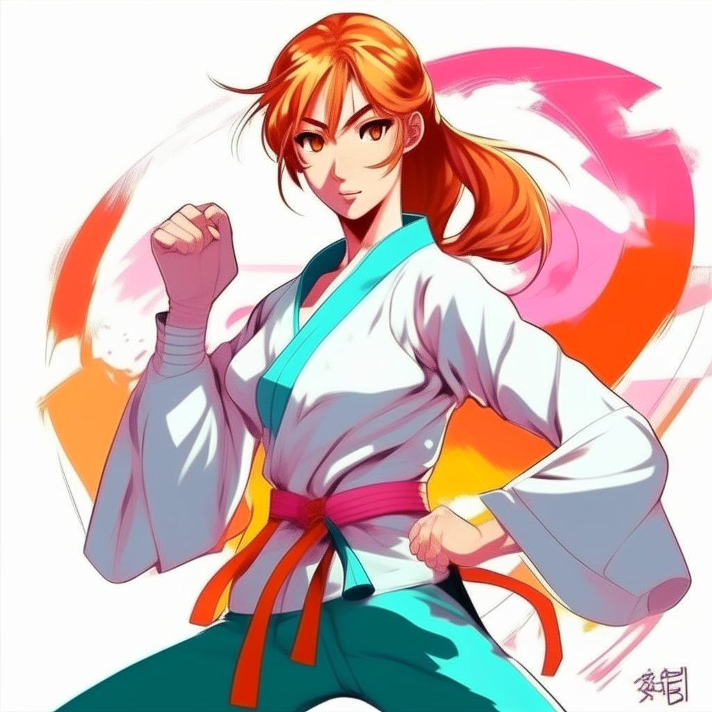 Create me pretty strong woman karate anime, with different colours 