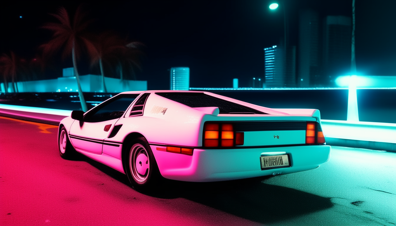 a white ferrari testarosa driving at night on miami beach in the 1980s, with neon blue and pink city lights shining brightly in the background
