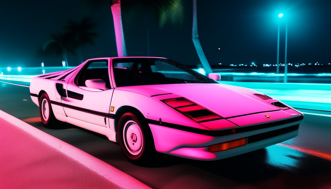 a white ferrari testarosa driving at night on miami beach in the 1980s, with neon blue and pink city lights shining brightly in the background