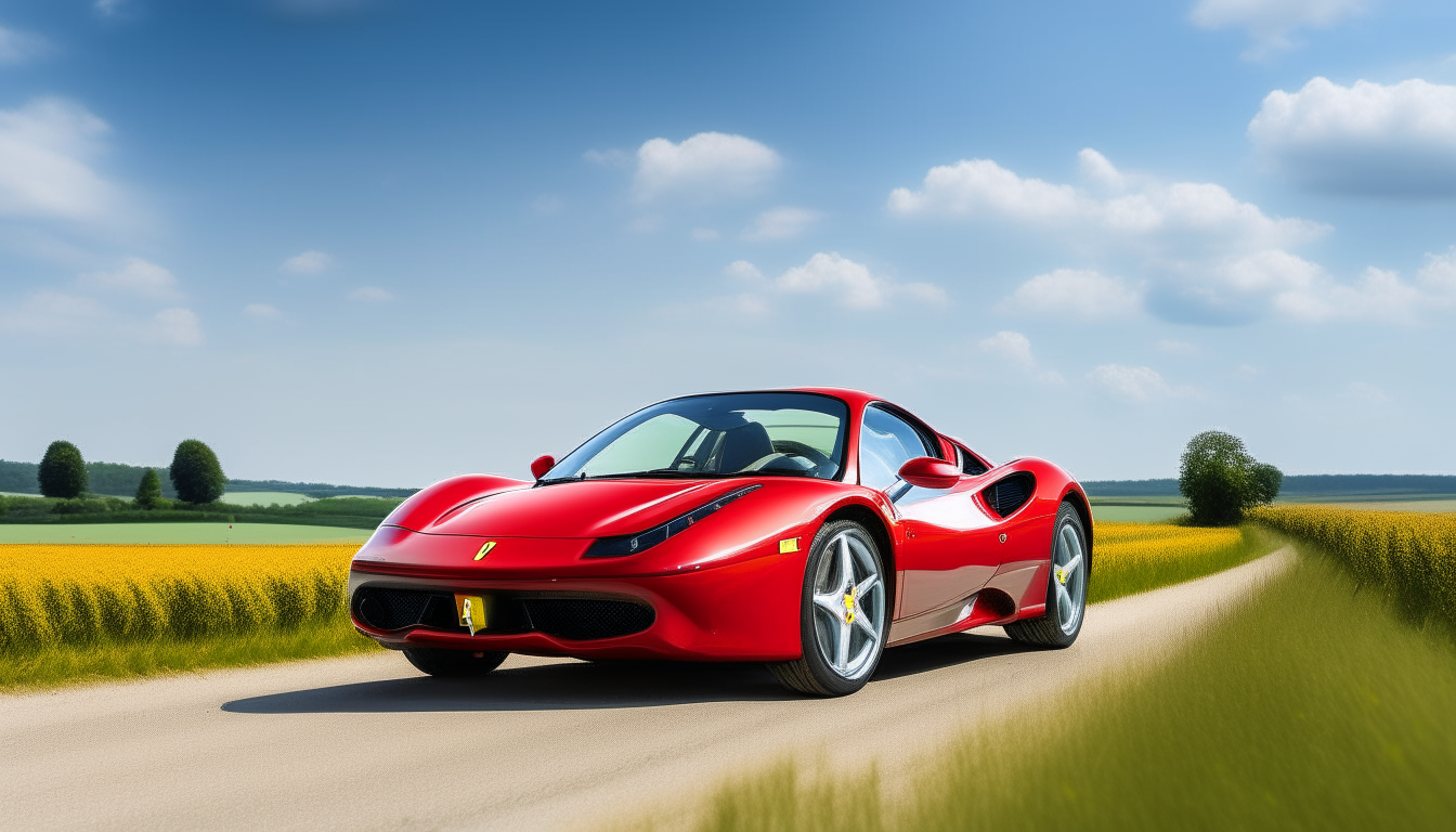 a red ferrai testarosa sports car driving down an open road with blue skies and green fields in the background
