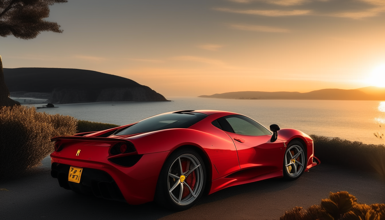 a red ferrai testarosa sports car parked on a seaside cliff overlooking the ocean at sunset