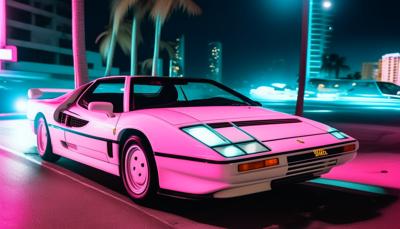 a white ferrari testarosa driving at night on miami beach in the 1980s, with neon blue and pink lit up buildings and signs in the background
