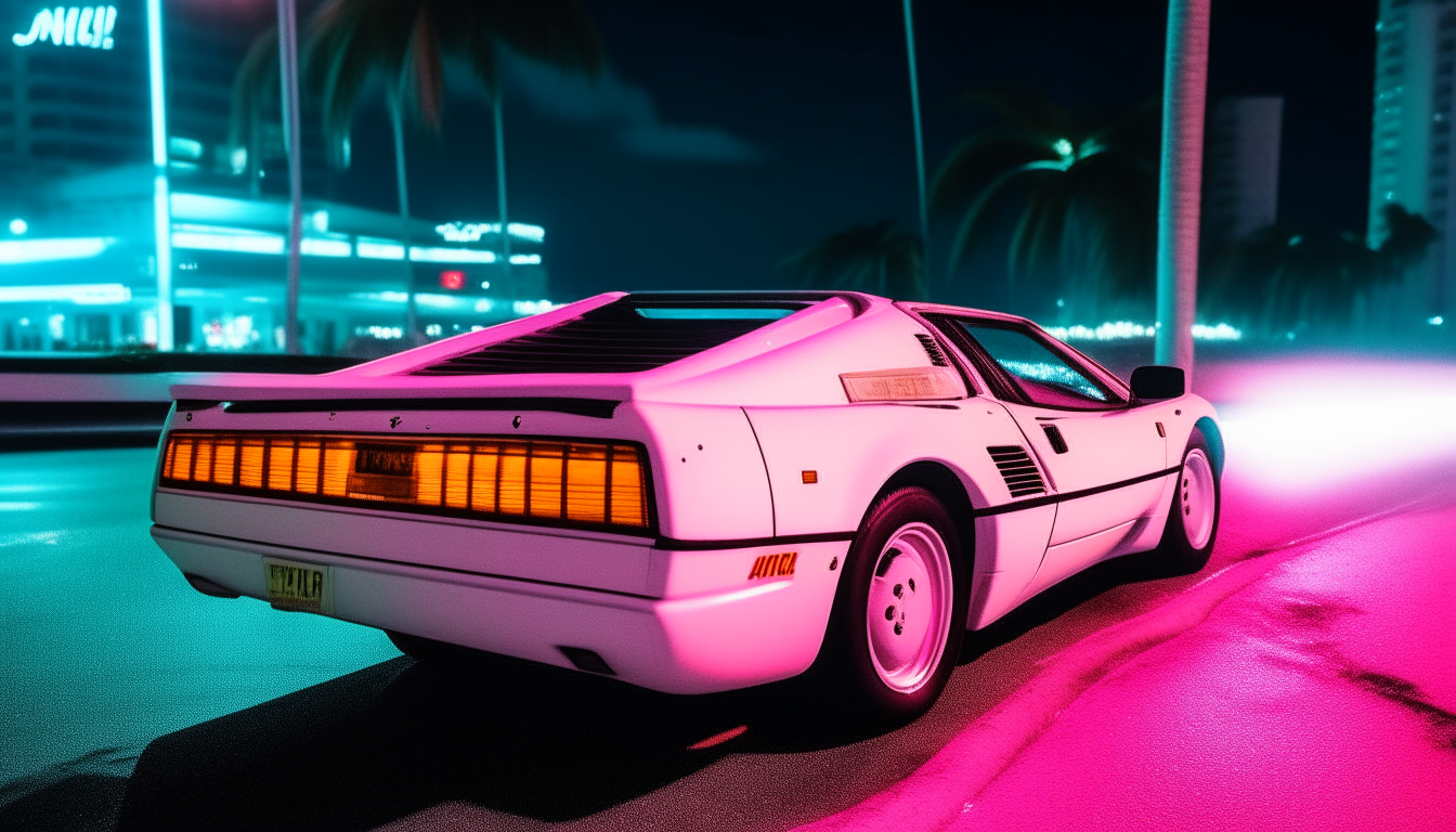 a white ferrari testarosa driving at night on miami beach in the 1980s, with neon blue and pink lit up buildings and signs in the background