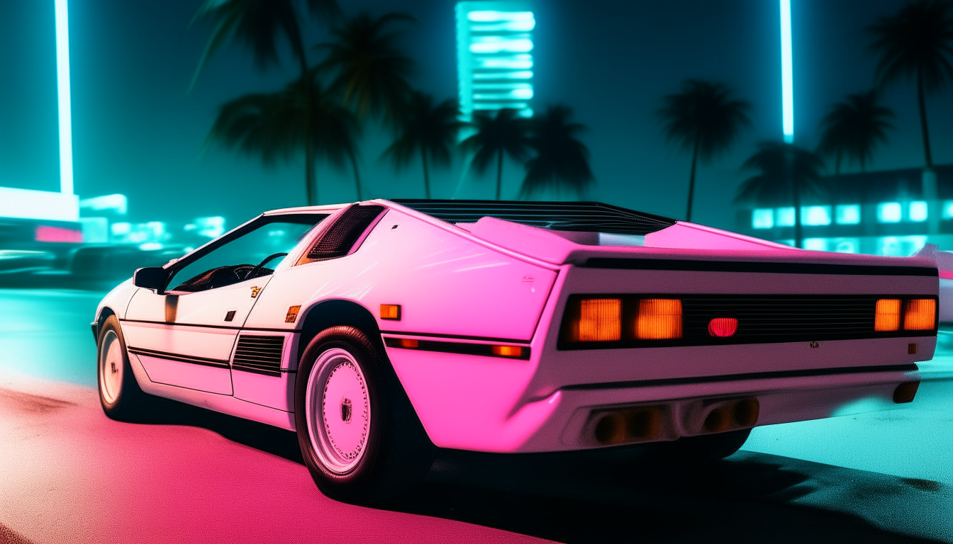 a white ferrari testarosa driving at night on miami beach in the 1980s, with neon blue and pink lit up buildings and signs in the background