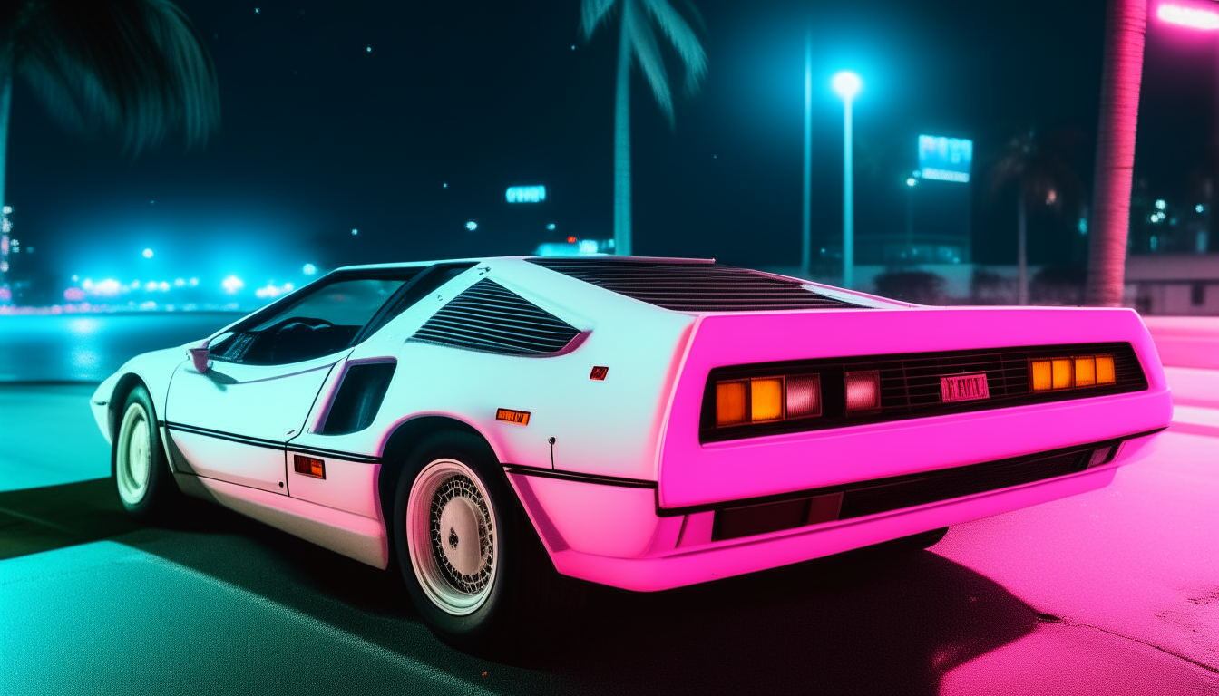 a white ferrari testarosa driving at night on miami beach in the 1980s, with neon blue and pink lit up buildings and signs in the background