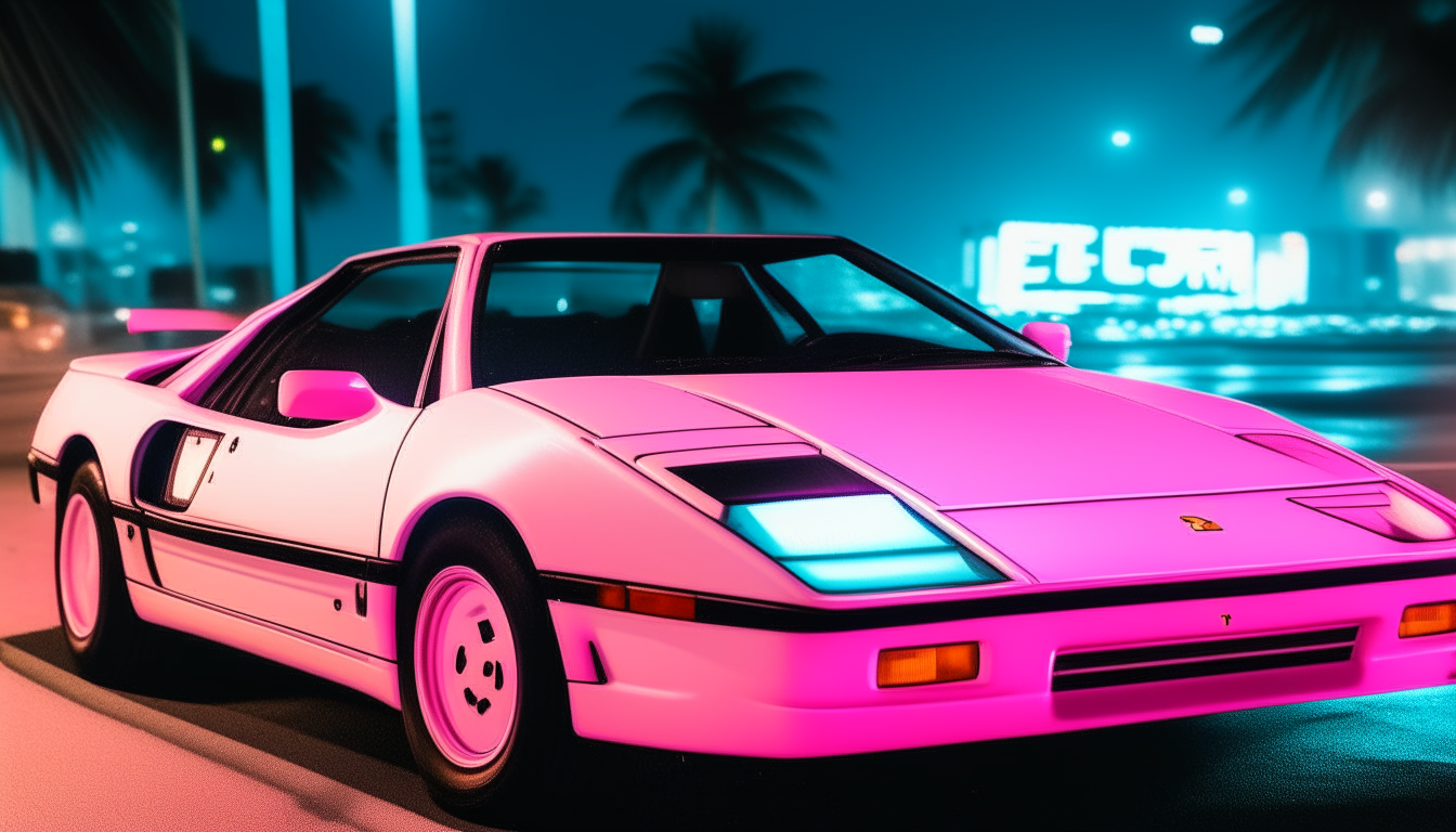 a white ferrari testarosa driving at night on miami beach in the 1980s, with neon blue and pink lit up buildings and signs in the background