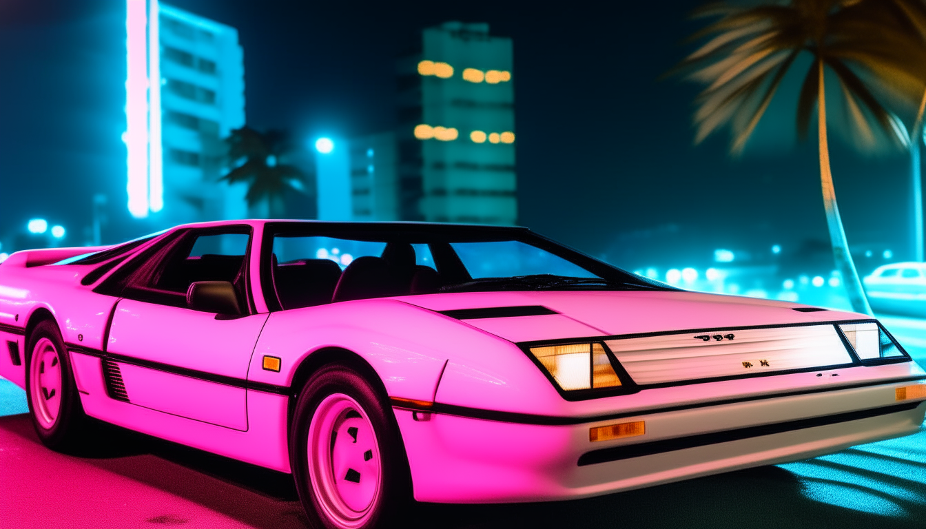 a white ferrari testarosa driving at night on miami beach in the 1980s, with neon blue and pink lit up buildings and signs in the background