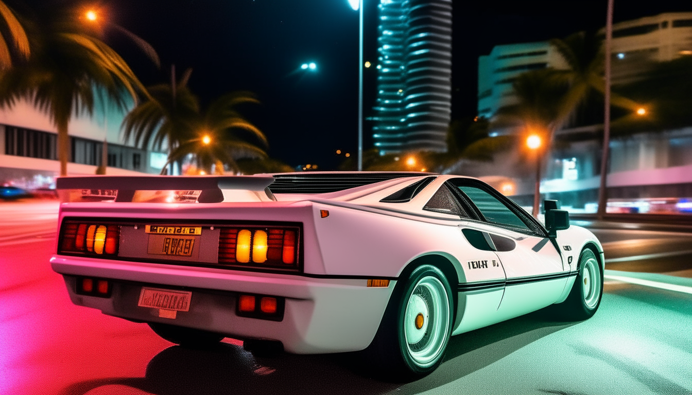 a white ferrari testarosa driving at night on miami beach in the 1980s, with neon lit up buildings and signs in the background