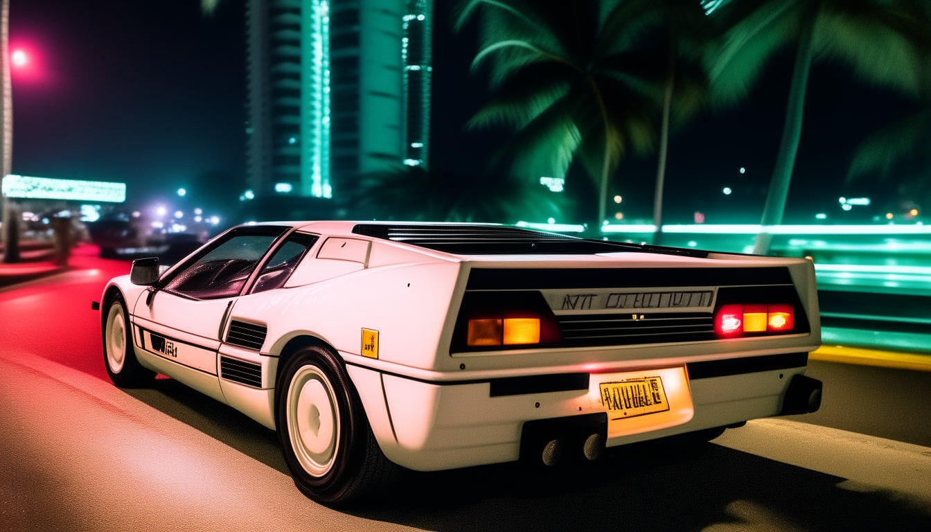 a white ferrari testarosa driving at night on miami beach in the 1980s, with neon lit up buildings and signs in the background