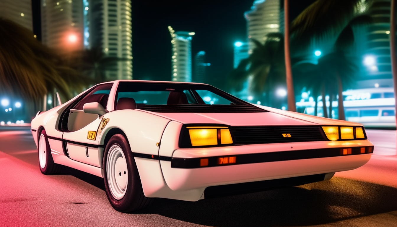 a white ferrari testarosa from the front driving at night on miami beach in the 1980s, with neon lit up buildings and signs in the background