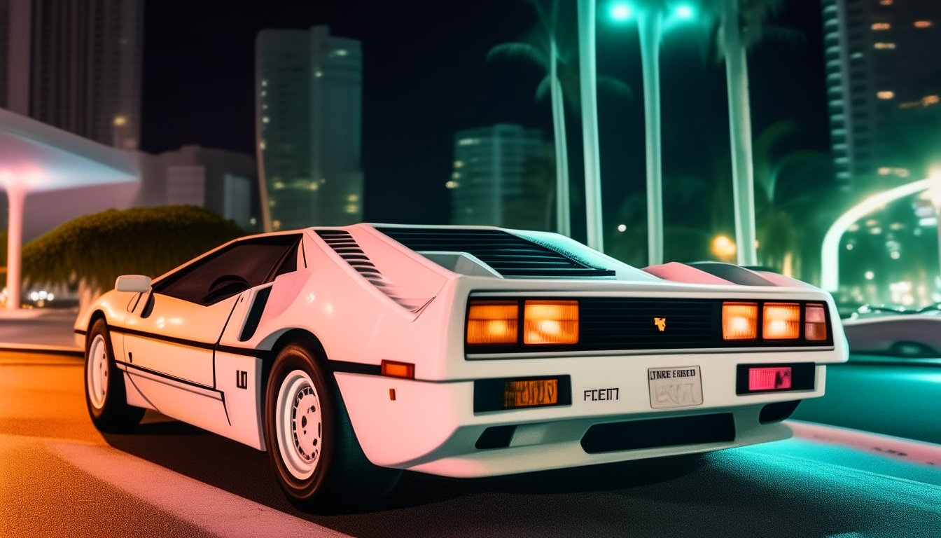 a white ferrari testarosa from the front driving at night on miami beach in the 1980s, with neon lit up buildings and signs in the background