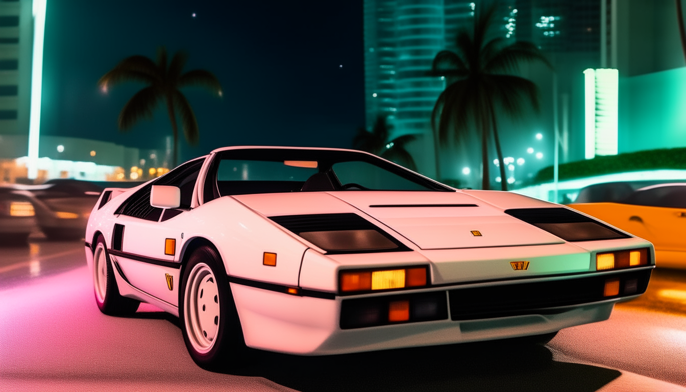 a white ferrari testarosa from the front driving at night on miami beach in the 1980s, with neon lit up buildings and signs in the background