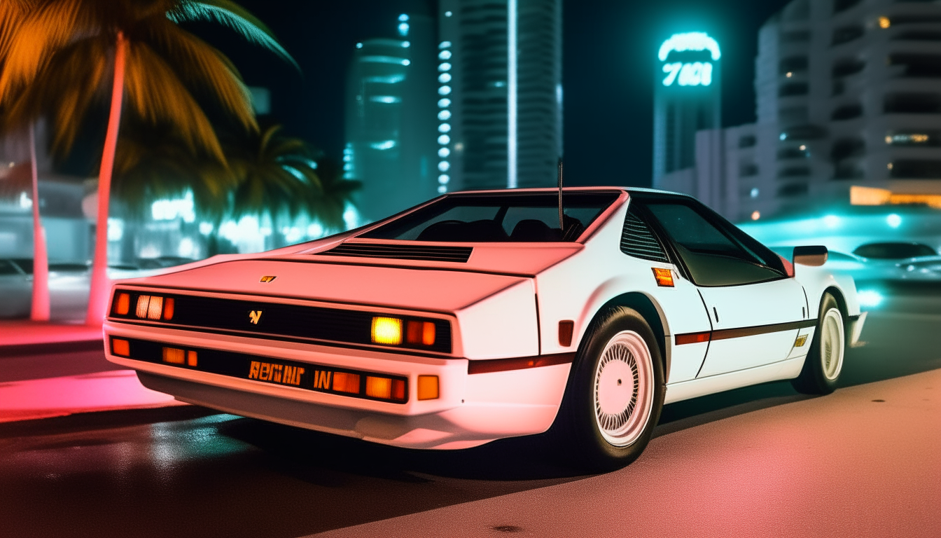 a white ferrari testarosa from the front driving at night on miami beach in the 1980s, with neon lit up buildings and signs in the background