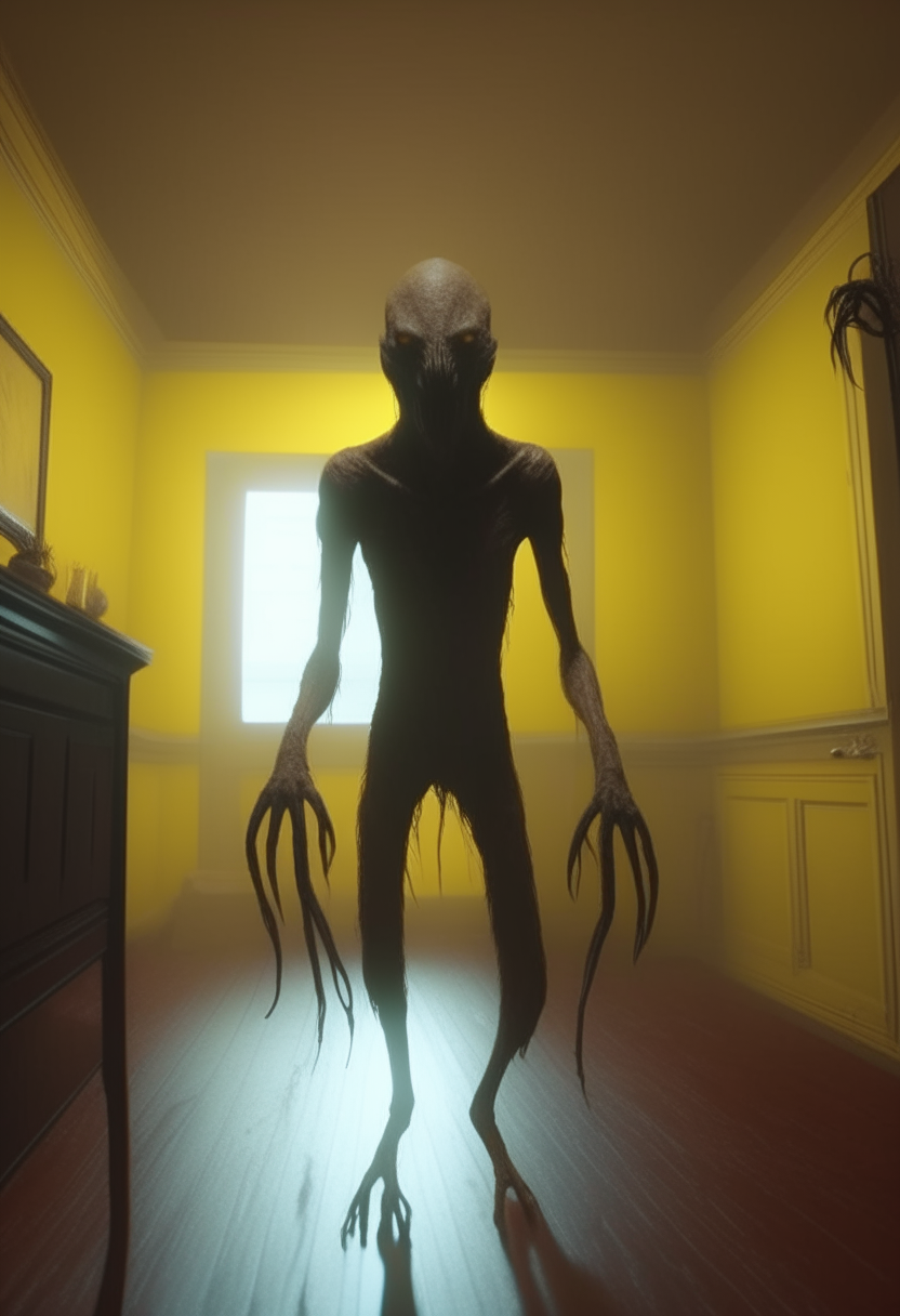 
A dark, terrifying being with claws and a tall thin body with claws in a yellow room where logic and coherence completely vanish, 4k, realistic, cinematic