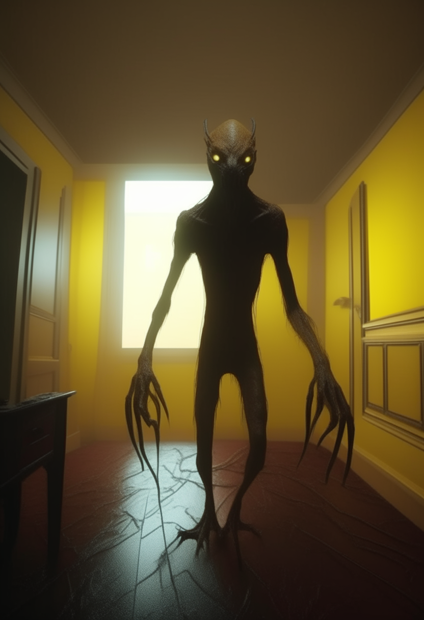 
A dark, terrifying being with claws and a tall thin body with claws in a yellow room where logic and coherence completely vanish, 4k, realistic, cinematic