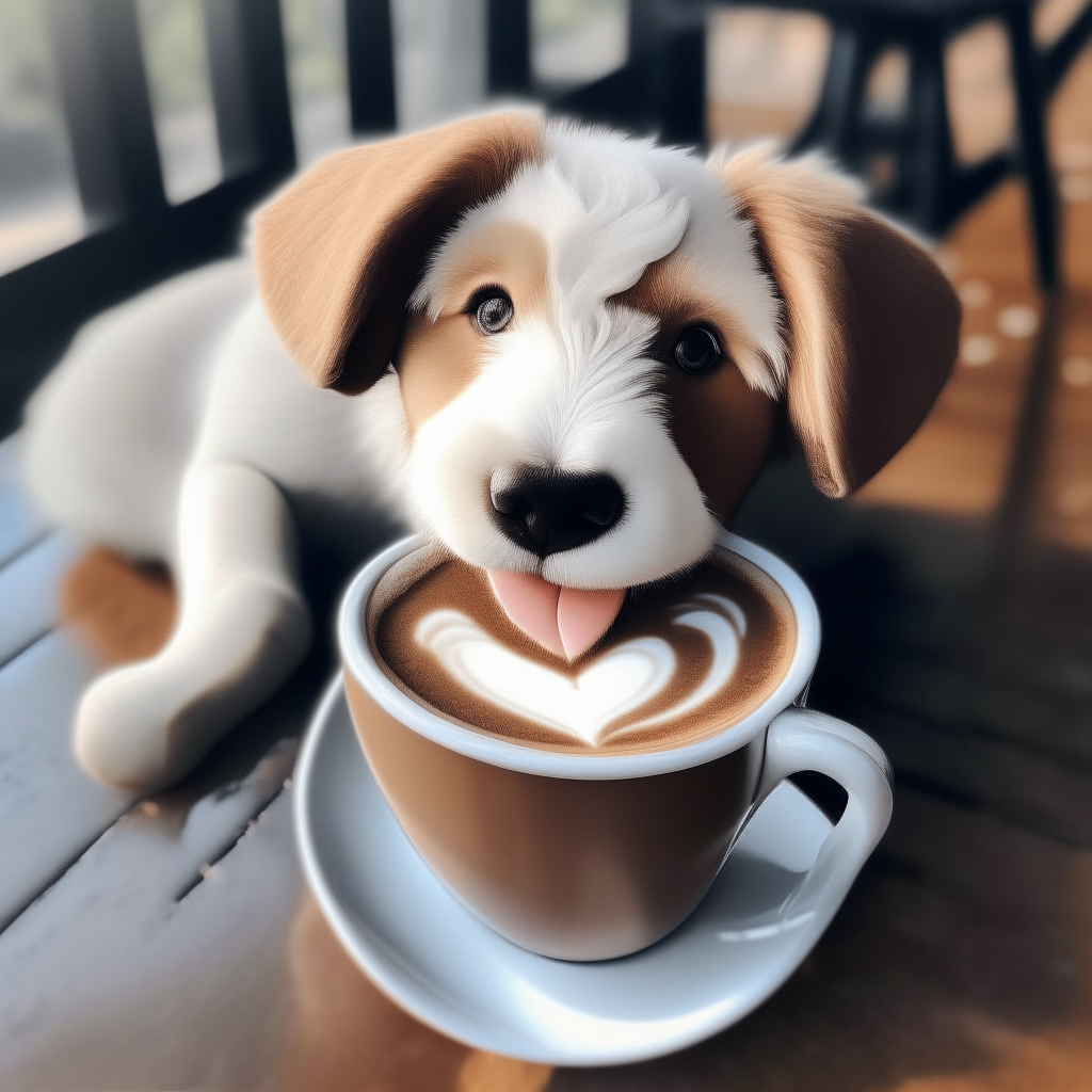 a happy puppy drinking a latte with heart-shaped foam art
