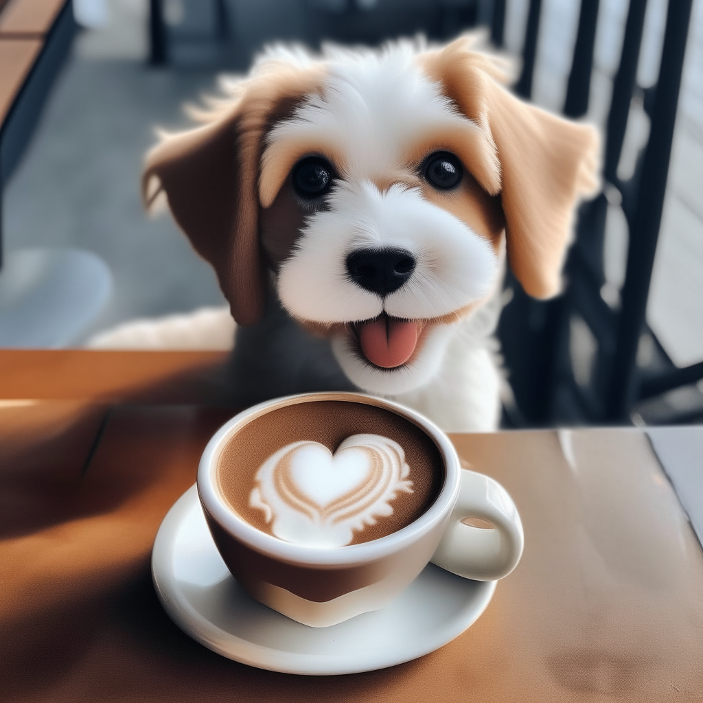 a happy puppy drinking a latte with heart-shaped foam art