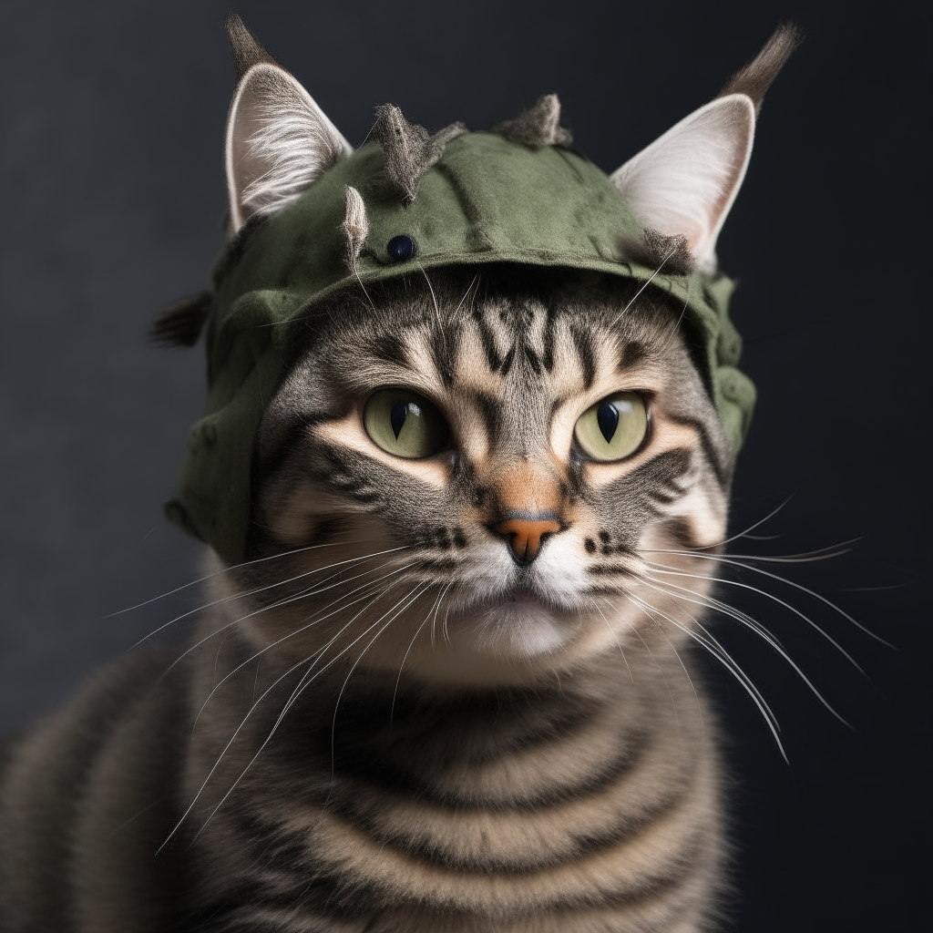 a grey tabby cat wearing a war helmet made of moss and twigs on its head, studio portrait