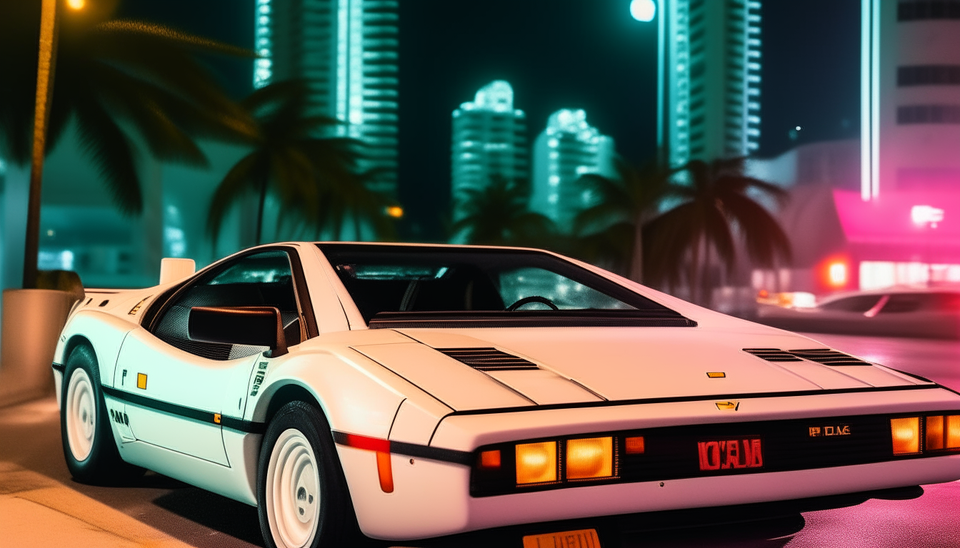 a white ferrari testarosa from the front driving at night on miami beach in the 1980s, with neon lit up buildings and signs in the background