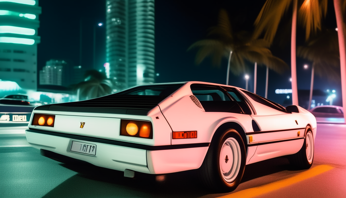 a white ferrari testarosa from the front driving at night on miami beach in the 1980s, with neon lit up buildings and signs in the background