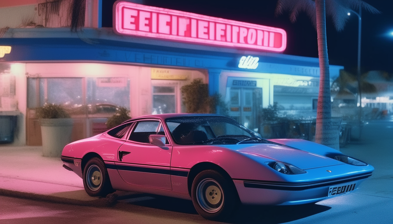 Ferrari Testossa parked in front of a coffee shop at night in Miami Beach in the 1980s. The establishment has blue and pink neon signs