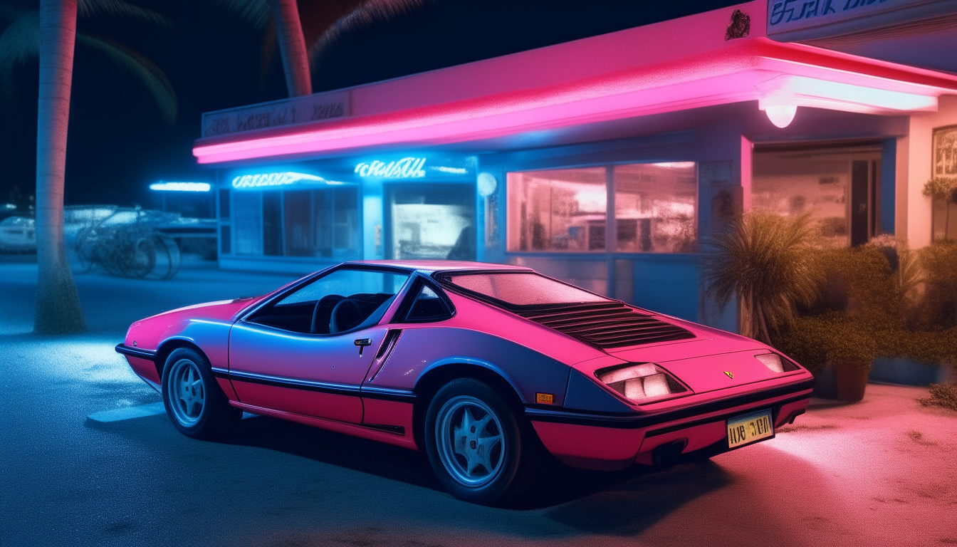 Ferrari Testossa parked in front of a coffee shop at night in Miami Beach in the 1980s. The establishment has blue and pink neon signs. Ultra-realistic image.