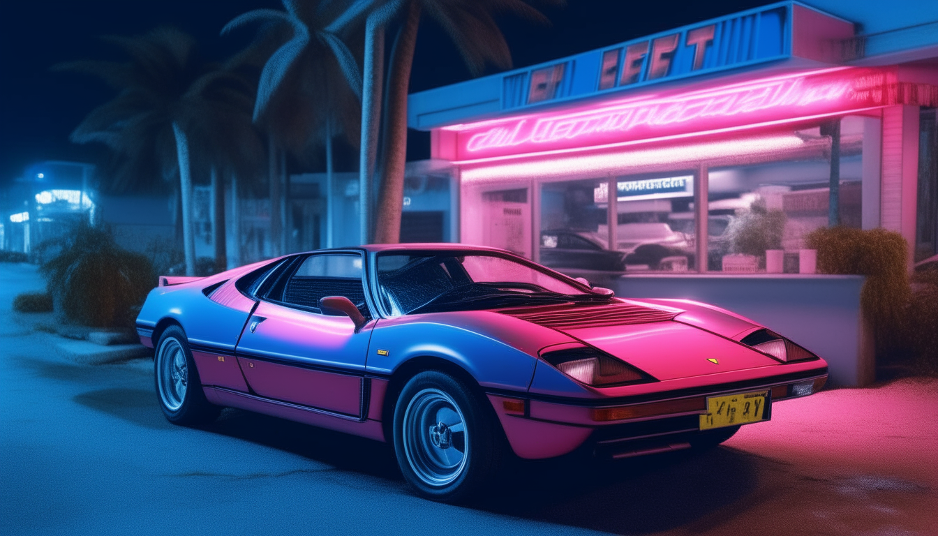 Ferrari Testossa parked in front of a coffee shop at night in Miami Beach in the 1980s. The establishment has blue and pink neon signs. Ultra-realistic image.