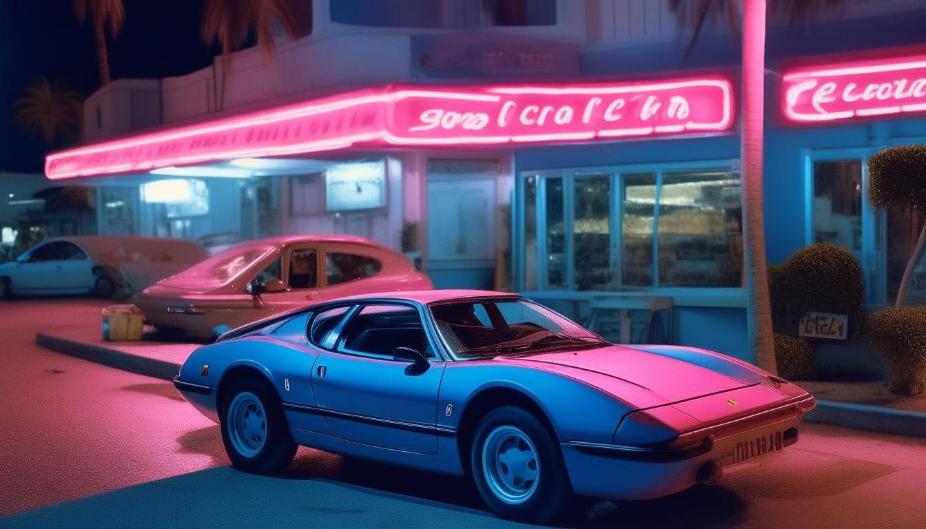 Ferrari Testossa parked in front of a coffee shop at night in Miami Beach in the 1980s. The establishment has blue and pink neon signs.